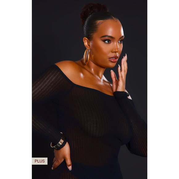 PrettyLittleThing Plus Black Sheer Knit Bardot Midi Dress Size L NWT - Picture 4 of 6